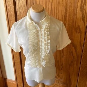 Vintage, Judy Bond, Ruffled front, Ivory Blouse, with turned up sleeves, size 12